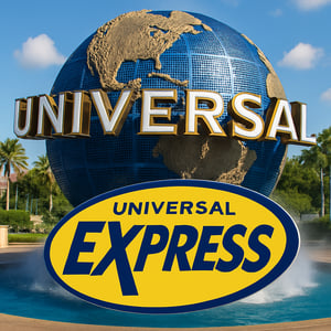 The Universal globe outside of Universal Studios with the Express Pass Logo in the foreground-1